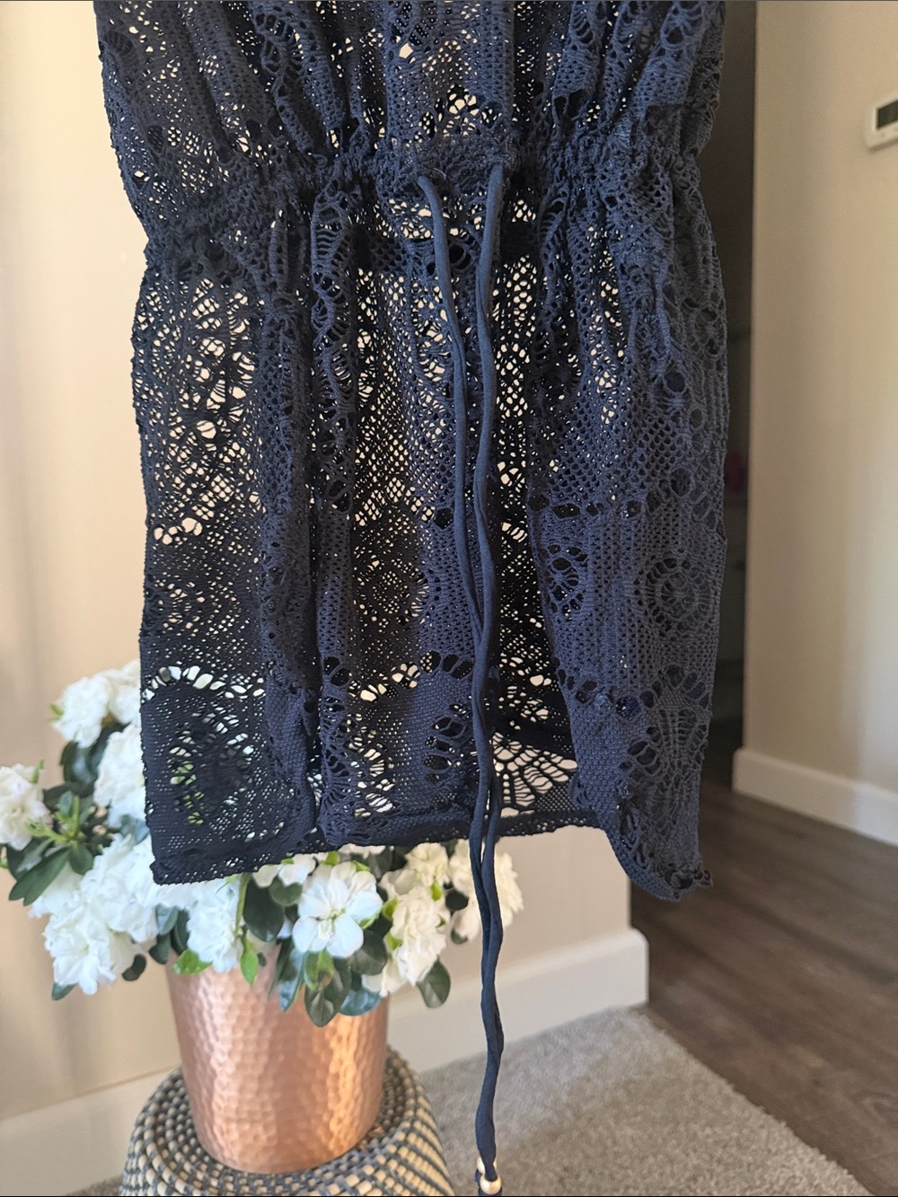 Ralph Lauren Black Crochet Lace Long-Sleeve Dress Swim Cover-Up Size M - Picture 3 of 4